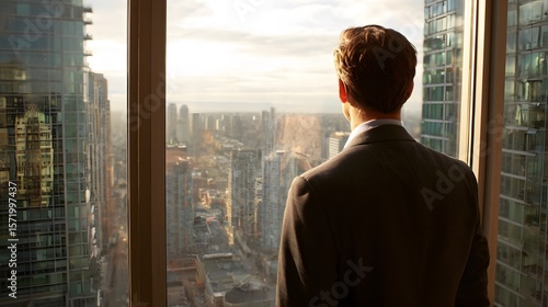 A person in a business suit is observing a city skyline from the window of a building with a lot of skyscrapers and high buildings.