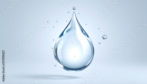 Single water drop, clear and reflective, against a light blue background