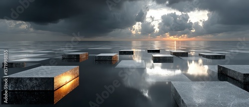 Stone platforms emerge from reflective water under a cloudy sky with sunset light
