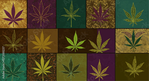 Colorful cannabis leaves – abstract marijuana leaf pattern in vibrant fall tones.