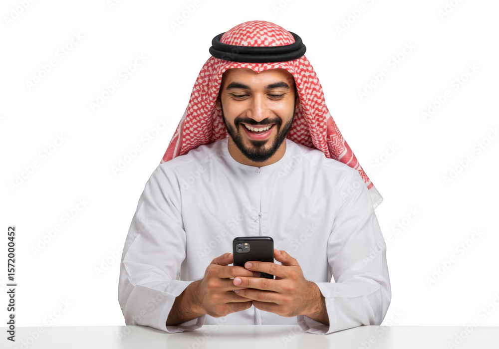 Fototapeta premium Happy arab man in traditional clothing using his smartphone isolated on transparent background