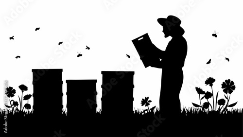 Silhouette of beekeeper tending to beehives surrounded by flowers and flying bees in a monochrome scene