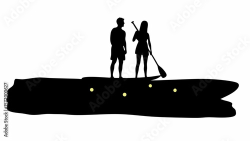 Silhouette of a couple paddleboarding on a dark surface with several light yellow circles visible below