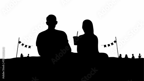 Silhouette of couple watching movie at an outdoor cinema with flags and other people in the background