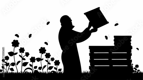 Silhouette of beekeeper inspecting a beehive surrounded by flowers and flying bees in a monochrome scene
