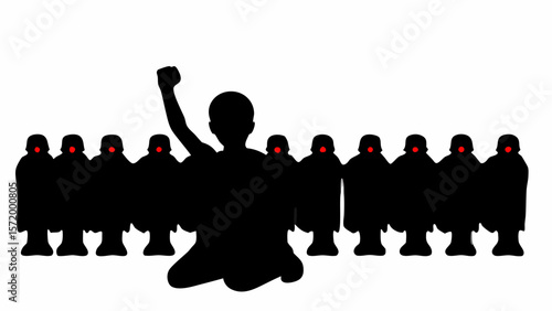 Silhouette of a person with raised fist kneeling before a line of figures with red dots on their heads