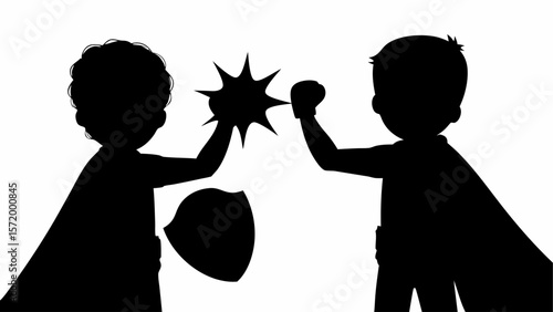 Silhouette of two boys dressed as superheroes clashing with a shield and starburst effect in black and white