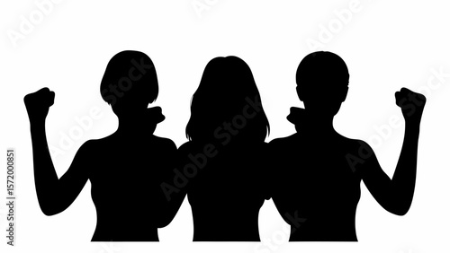 Silhouette of three women with raised fists symbolizing empowerment and solidarity on a white background