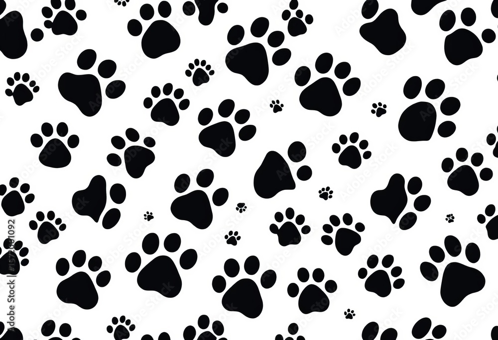 Fototapeta premium Seamless pattern of playful black paw prints on white background, element, puppy