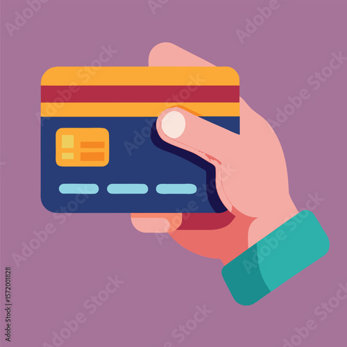 A flat design illustration of a hand firmly holding a credit card against a purple background