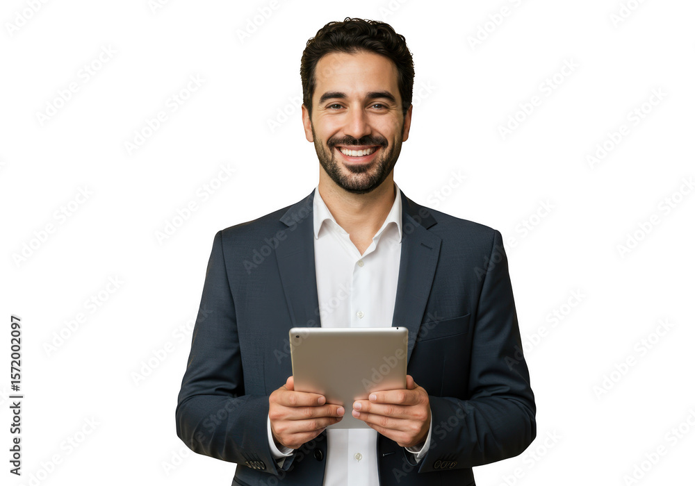 Smiling businessman holding a tablet computer isolated on transparent background Smiling businessman holding a tablet computer isolated on transparent background