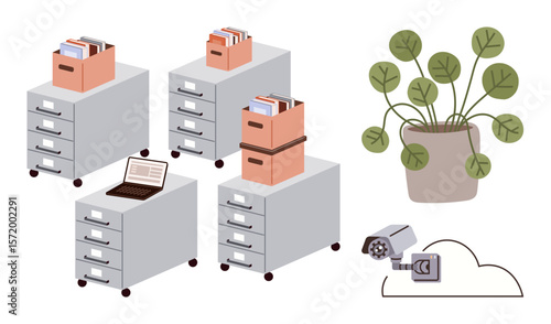 Office cabinets, stacked files, laptop, potted plant, and cloud-linked camera combining work organization, digital security, and eco-friendliness. Ideal for workplace, productivity storage