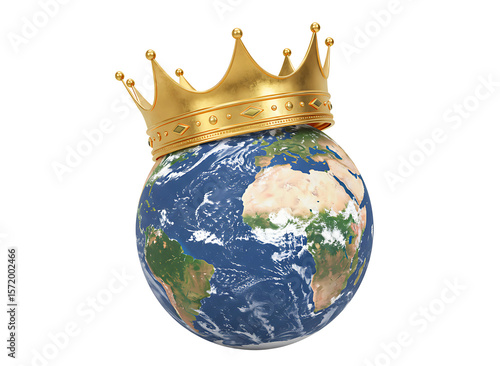 Golden crown resting on planet earth symbolizing global power and royalty isolated on transparent background
