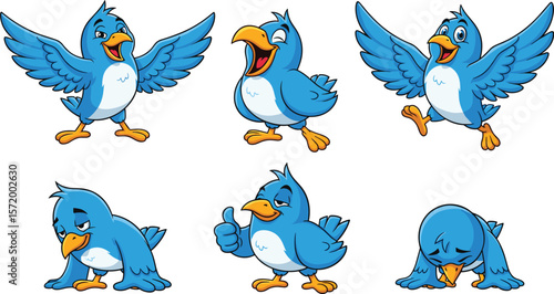 Cartoon blue bird with different emotions, happy sad funny poses, expressive flying bird character, cute animal clipart, isolated on white