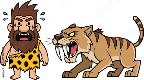 Cartoon caveman scared by saber tooth tiger, prehistoric man danger, ancient wild animal attack, funny stone age illustration, comic survival moment