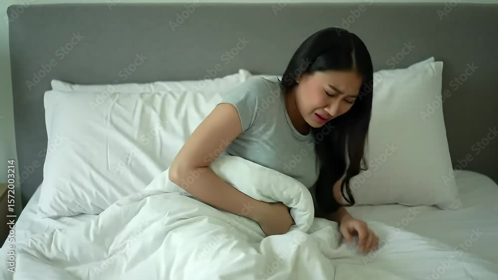 Woman Experiencing Stomach Pain in Bed Woman Experiencing Stomach Pain in Bed