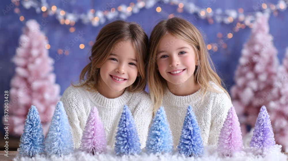 Obraz premium Two smiling children in white sweaters pose with colorful, snowy trees, set against a festive, twinkling background, evoking a joyful holiday spirit.