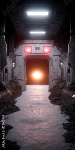 Futuristic sci fi corridor with glowing lights and a bright light source at the end