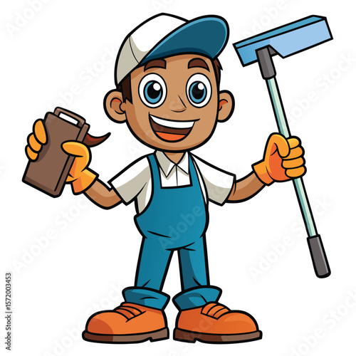 Cheerful worker with cleaning tools