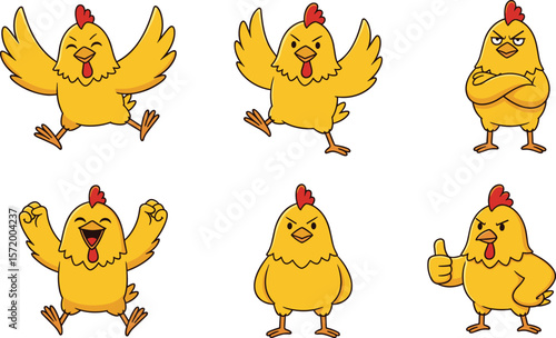 Cartoon yellow chickens with various emotions, expressive hen characters, farm bird illustration, happy angry sad poses, animated livestock clipart collection