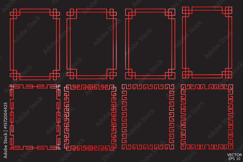 Fototapeta premium Simple red geometric frames are isolated on white background. Luxury red borders for invitations, luxury templates, and decorative patterns. Chinese border design. 3D vector illustration.