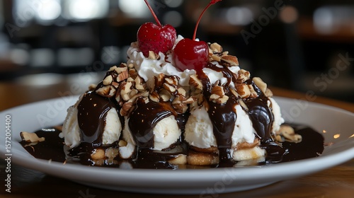 A traditional banana split with scoops of vanilla, chocolate, and strawberry ice cream, 