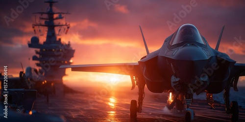 Military power fighter jet launching at sunset from a naval aircraft carrier