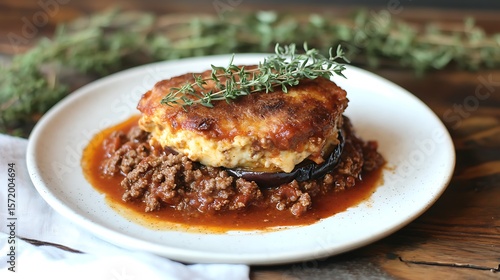 A traditional Greek moussaka served on a rustic white plate, 