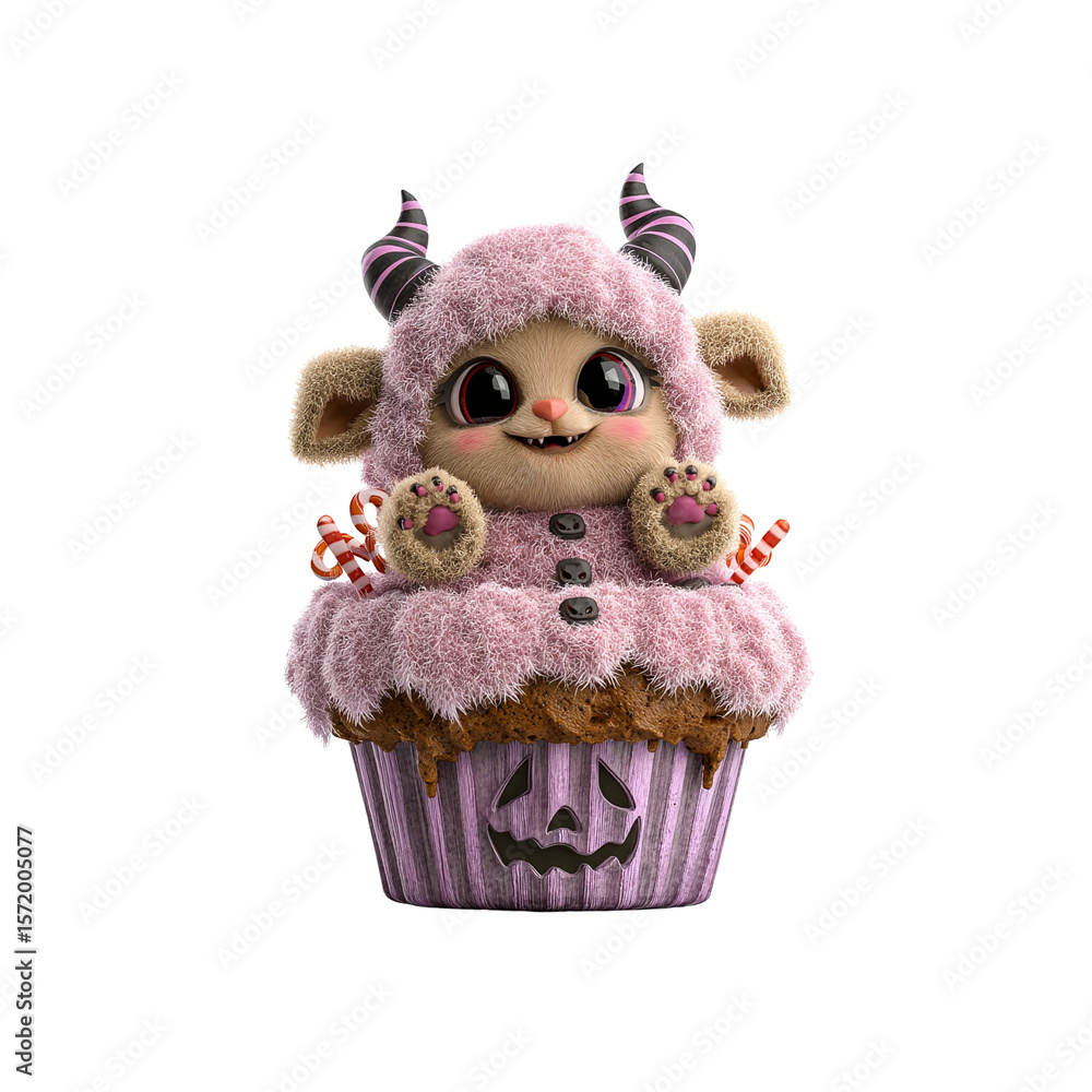 Adorable Fluffy Monster in Halloween Cupcake - 3D Render Adorable Fluffy Monster in Halloween Cupcake - 3D Render