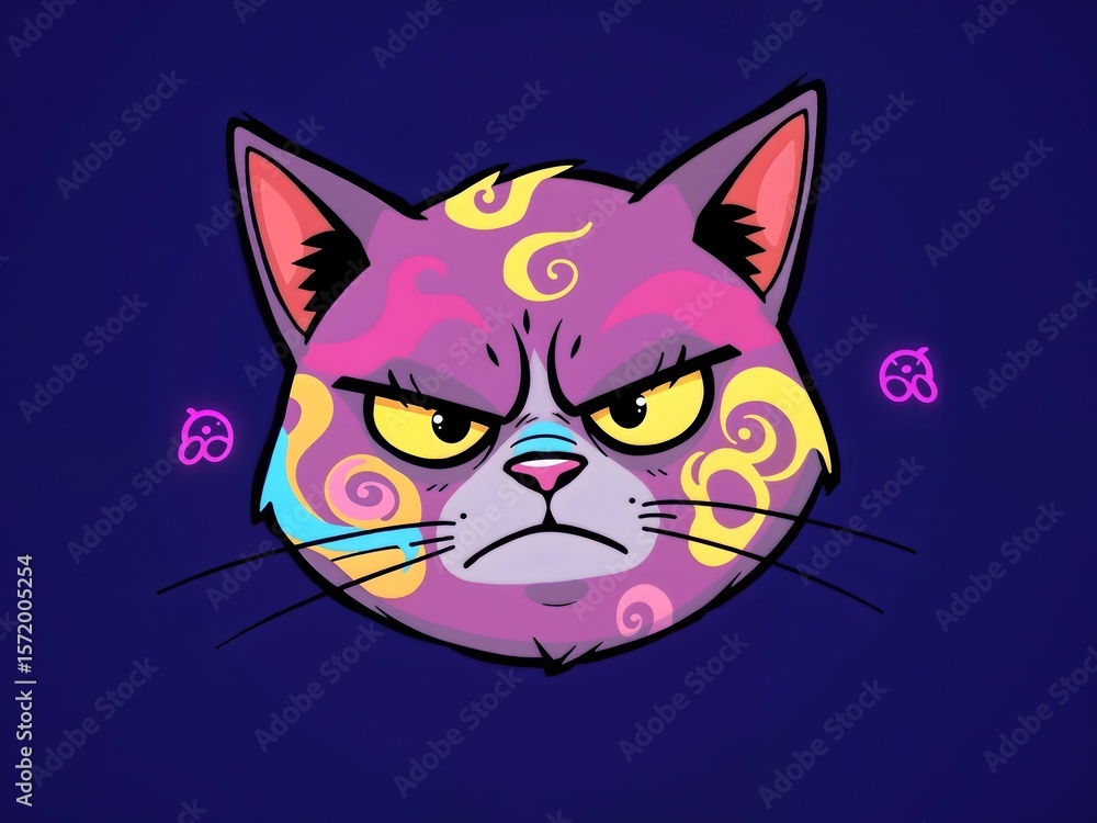 Fototapeta premium Vibrant, whimsical illustration of a cartoon grumpy cat adorned with abstract, swirling neon patterns in pastel hues of pink, blue, and yellow, set against dark blue or purple background