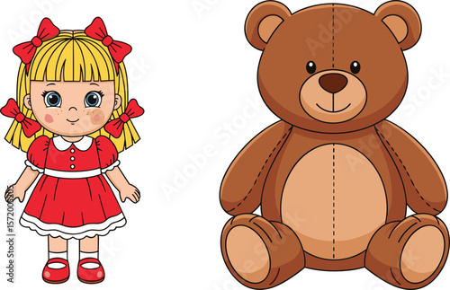 Cute cartoon girl doll with red dress and teddy bear toy, vector illustration for children, nursery decor, baby products
