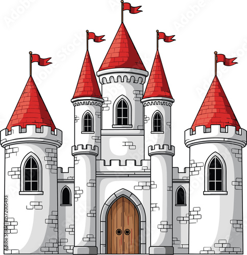 Fantasy cartoon castle with red rooftops, medieval architecture, fairytale design, stone walls, magical kingdom, royal palace, enchanted building, isolated white background