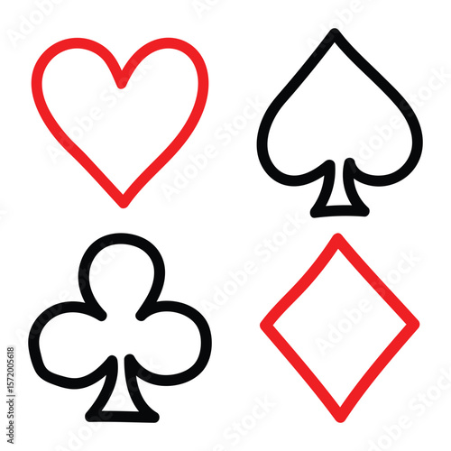 Playing card suits icon set. Hand-drawn doodle style vector symbols of heart, spade, club, and diamond for casino, poker, and game design. Illustration, isolated.