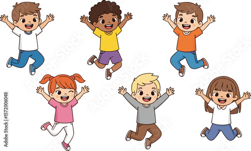 Happy diverse cartoon kids jumping with joy, cheerful children vector, playful group illustration, smiling boys and girls, fun childhood moment