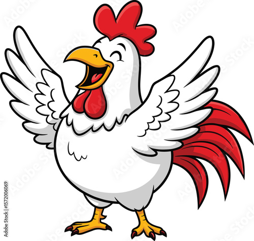 Happy cartoon rooster with red tail feathers laughing joyfully, funny farm animal character illustration, cheerful chicken vector clipart design