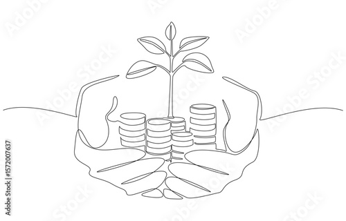 Continuous one line drawing of hands holding stacks of coins with plant sprouting from the top, sustainable wealth building concept, single line art