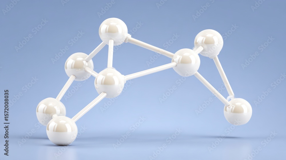 Obraz premium White molecular structure with reflective spheres connected by rods on a soft blue background