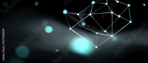 Illuminated network of interconnected nodes and lines against a dark blurred background with bokeh effects