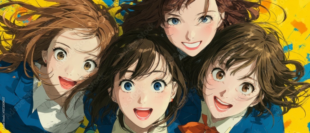 Obraz premium Four young women with expressive faces and varied hairstyles smiling joyfully against a vibrant yellow background