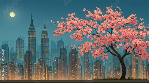 A cityscape with illuminated skyscrapers under a full moon and a blooming cherry blossom tree