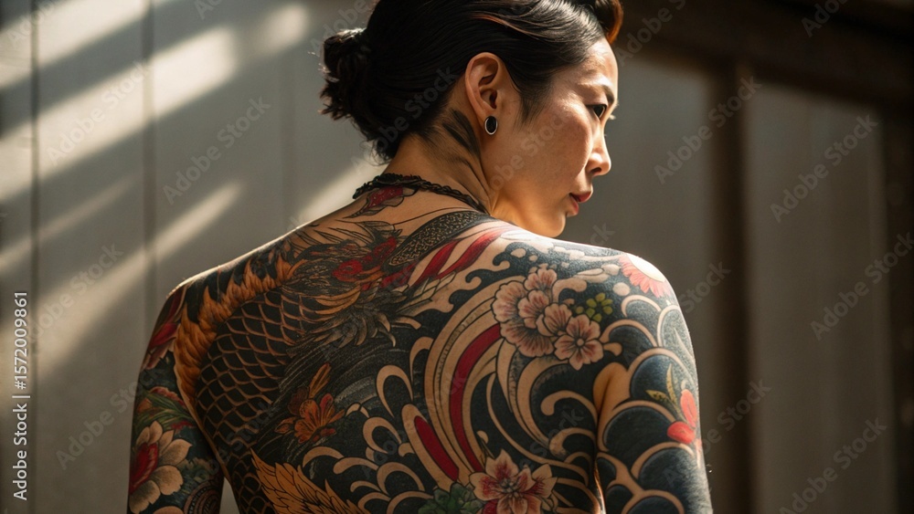 Close Up of Japanese Woman’s Back with Traditional Yakuza Tattoo Revealing Cultural Power and Ornamental Art Close Up of Japanese Woman’s Back with Traditional Yakuza Tattoo Revealing Cultural Power and Ornamental Art
