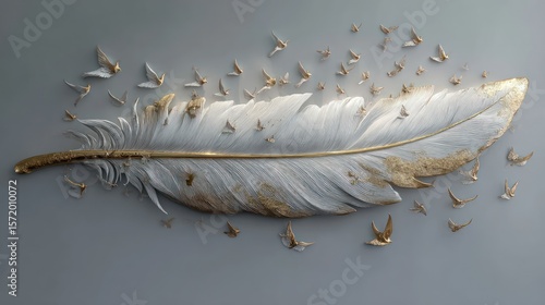 Elegant white feather with gold accents and flying birds