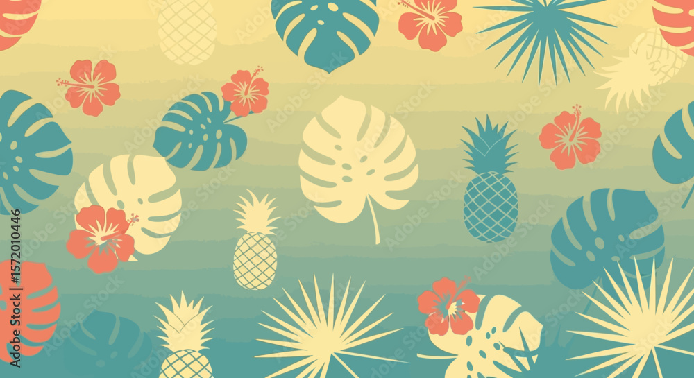 Obraz premium Tropical Summer Pattern: Pineapples Hibiscus and Monstera Leaves.
