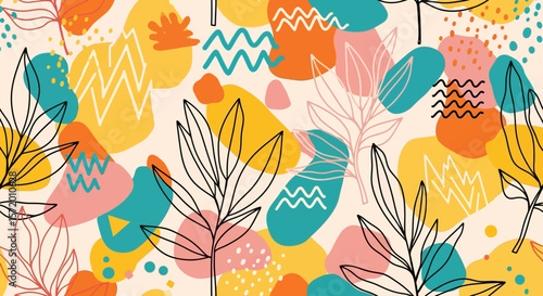 Vibrant Abstract Pattern with Botanical Elements and Geometric Shapes.