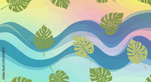 Stylized Green Monstera Leaves Over Wavy Teal and Pastel Background.