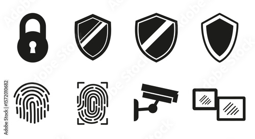 Security Icons Set: Padlock Shields Fingerprints CCTV Monitors in Black.