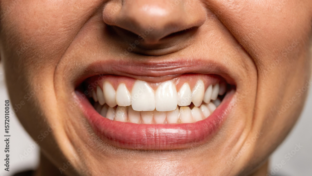 Fototapeta premium Close up of person showing bright smile with white teeth, expressing happiness and confidence