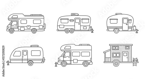 Collection of Six Line Art RV and Camper Designs.
