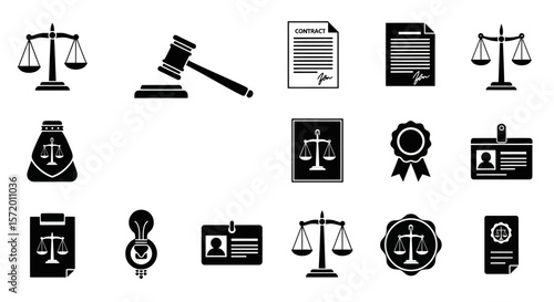 Black and White Vector Illustrations of Legal and Justice Symbols.