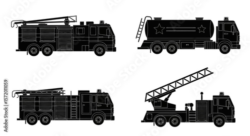 Four Black Fire Trucks Silhouettes with Ladders and Water Tank.